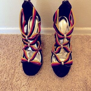 Multi Colored Strappy Blk Wedges NIB with Silver accents & back zipper